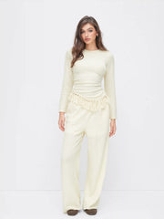 Fringe Hem Ruched Top & Mid Rise Pants Set