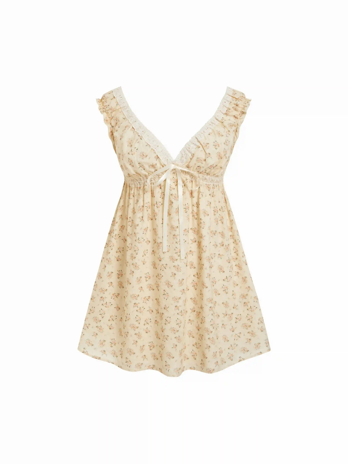 Cotton-blend Floral V-neck Textured Lace Trim Bowknot Babydoll Mini Dress