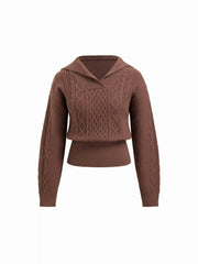 Cable Knit Collar Long Sleeve Cinched Waist Top