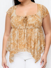 Mesh Square Neck Polka Dot Drawstring Hanky Hem Top Curve & Plus