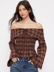 Plaid Off-Shoulder Bell Sleeve Bowknot Shirred Crop Blouse
