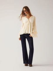 Chiffon V-Neck Knotted Ruffled Bell Sleeve Blouse