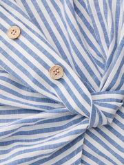 Cotton-blend Collar Solid Striped Knotted Roll-up Sleeve Jumpsuit