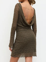 Lace Boat Neck Backless Chain Detail Ruched Mini Dress