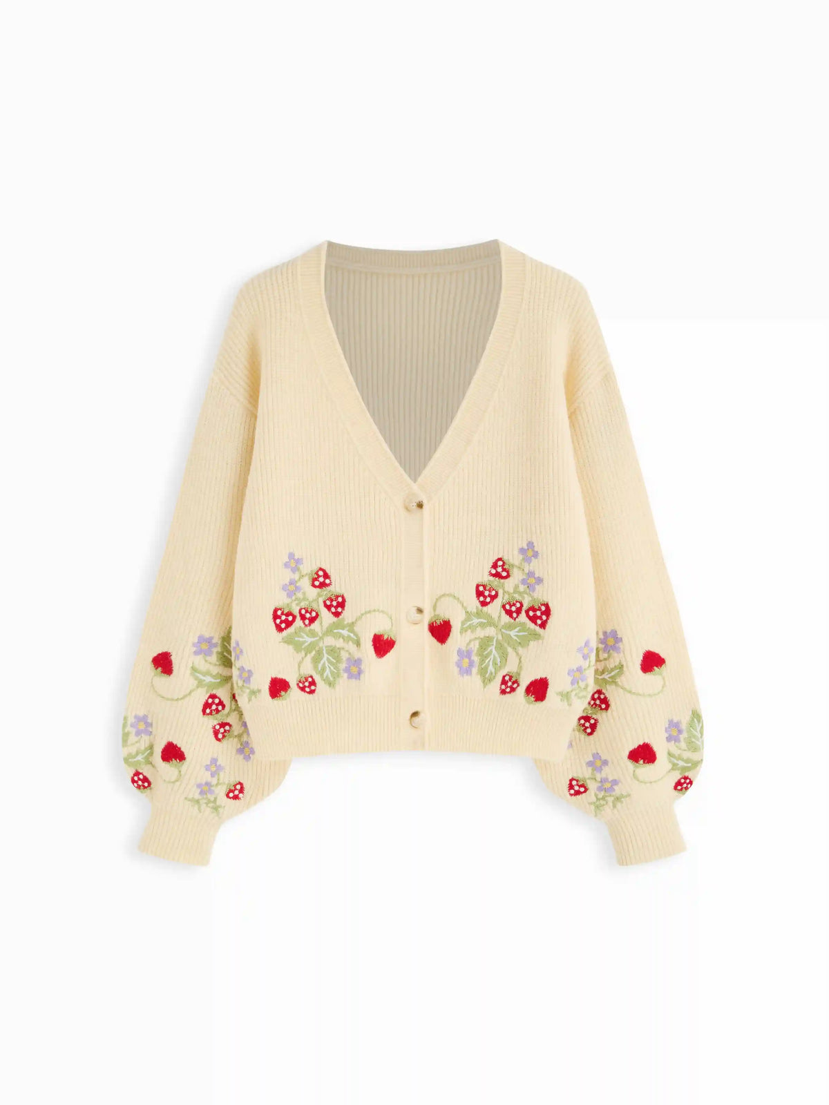 Knit Strawberries & Flowers Embroidery V-neck Lantern Sleeve Cardigan