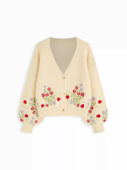 Knit Strawberries & Flowers Embroidery V-neck Lantern Sleeve Cardigan