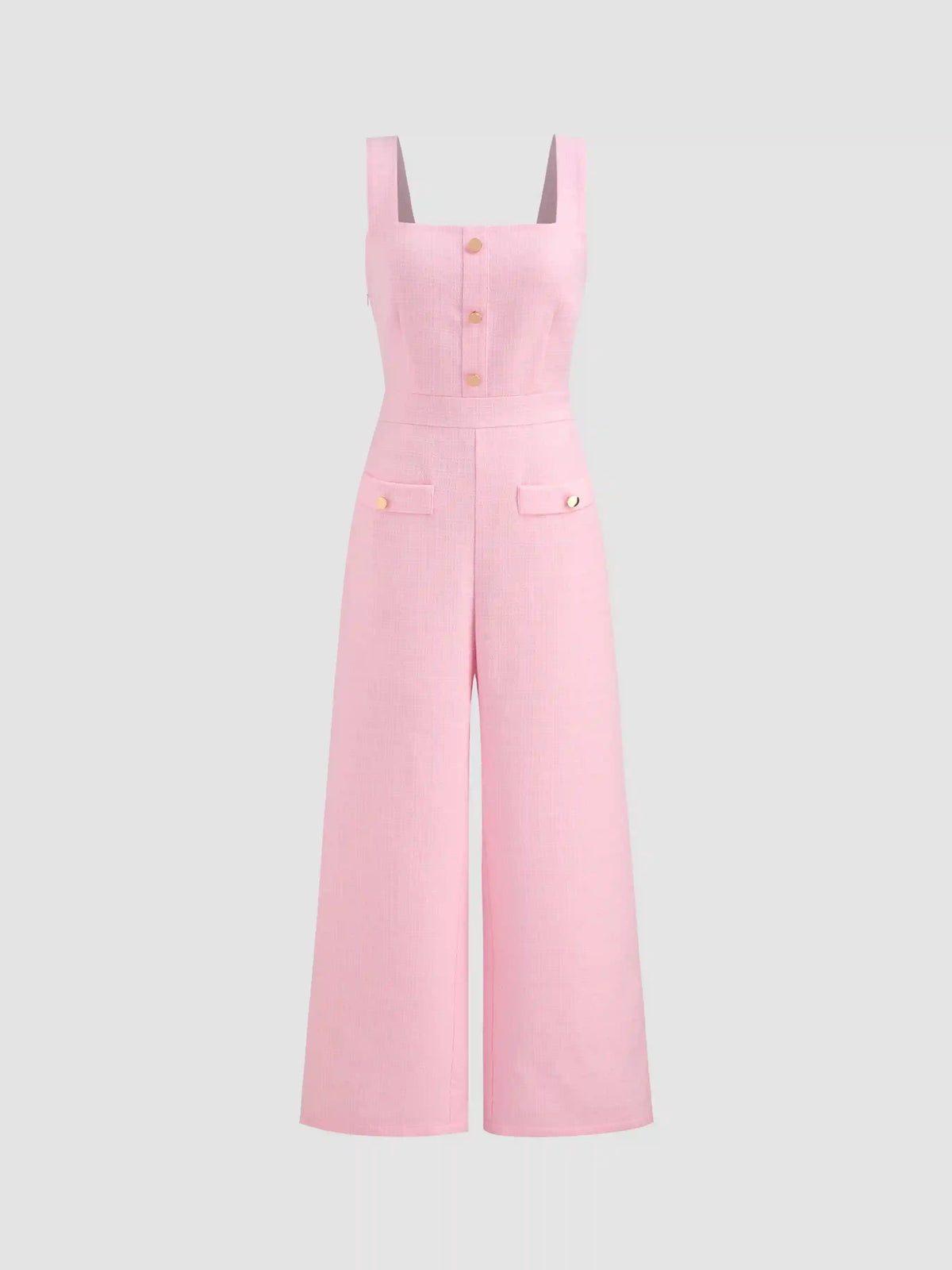 Square Neck Solid Button Wide Leg Jumpsuit