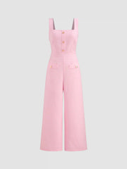 Square Neck Solid Button Wide Leg Jumpsuit
