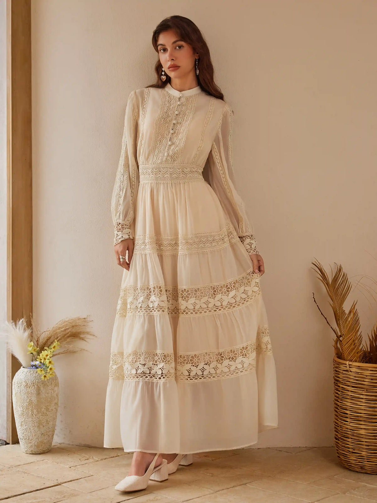 Stand Collar Embroidery Hollow Out Tie Back Knotted Lantern Sleeve Maxi Dress