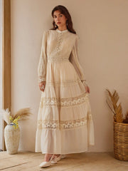 Stand Collar Embroidery Hollow Out Tie Back Knotted Lantern Sleeve Maxi Dress