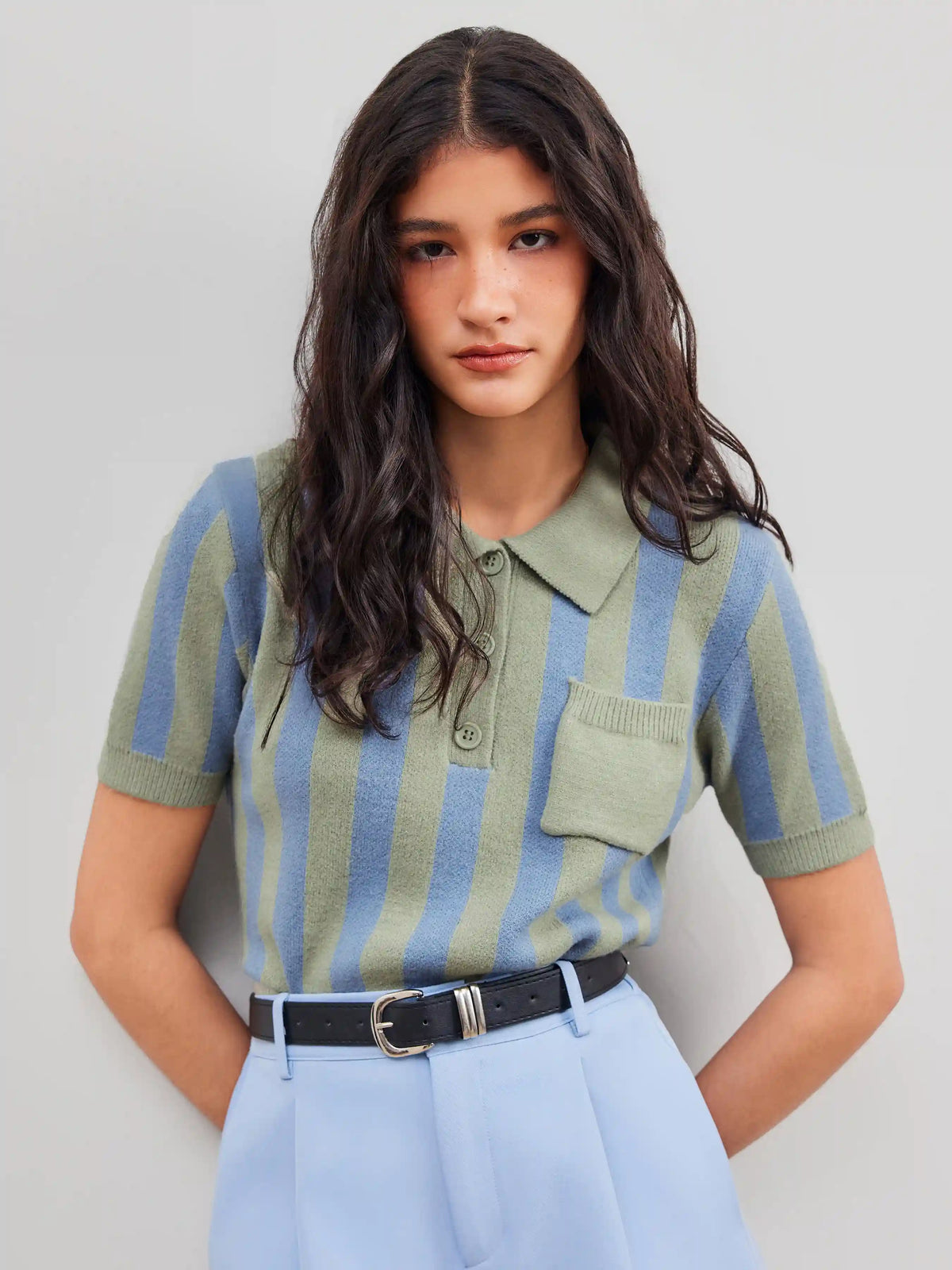 Knit Polo Collar Striped Pocket Short Sleeve Top