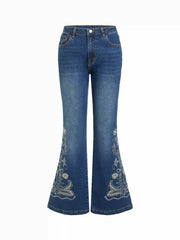 Stretch Denim Floral Embroidery High Rise Flared Trousers