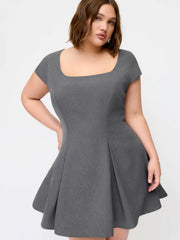 Woven Square Neck Pleated A-line Mini Dress Curve & Plus