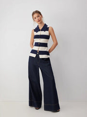 Knit Collar Two Tone Striped Split Tank Top With Metal Button