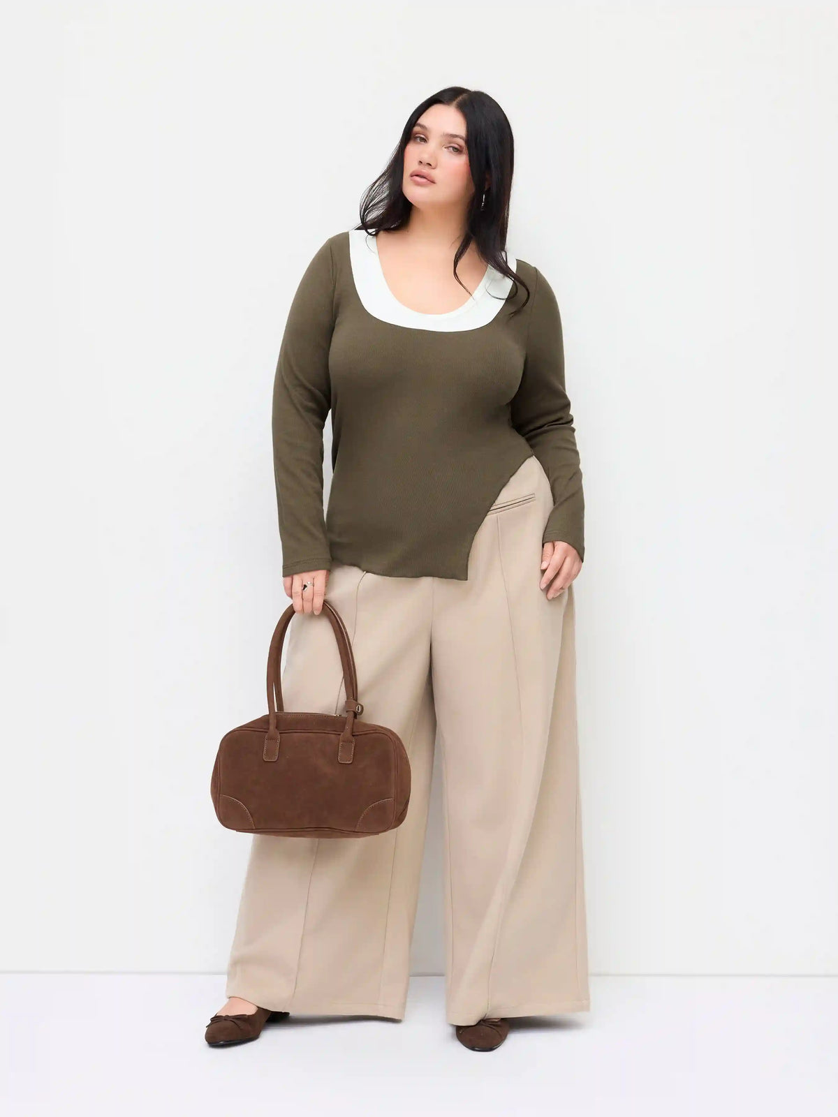 Two Tone Cotton-blend U-neckline Split Hem Long Sleeve Top Curve & Plus