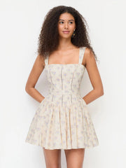 Cotton-blend Floral Square Neck Pleated Flared Mini Dress