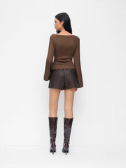 Boat Neck Textured Side Knotted Ruched Long Sleeve Top