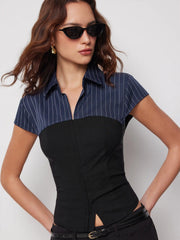 Striped Colorblock Short Sleeve Blouse