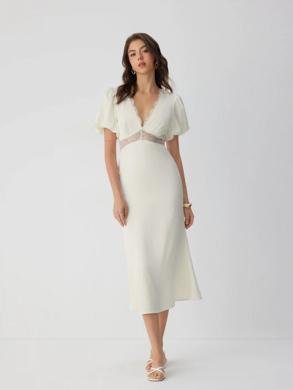 Satin V-neck Puff Sleeve Lace Panel Mid Rise Mermaid Maxi Dress