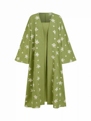 Two Pieces Square Neck Maxi Dress & Floral Embroidery Bell Sleeve Open-front layer