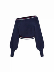 Knit Asymmetrical Neck Crop Top With Striped Trim