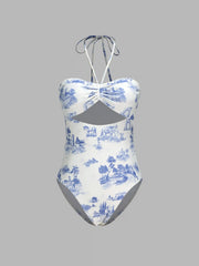Shaping Toile De Jouy Cut Out One Piece Swimsuit