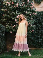 Textured Chiffon Colorblock Square Neck Lace Panel Oversized Flared Maxi Dress