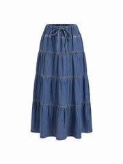 Denim Mid Rise Drawstring Tiered Flared Maxi Skirt