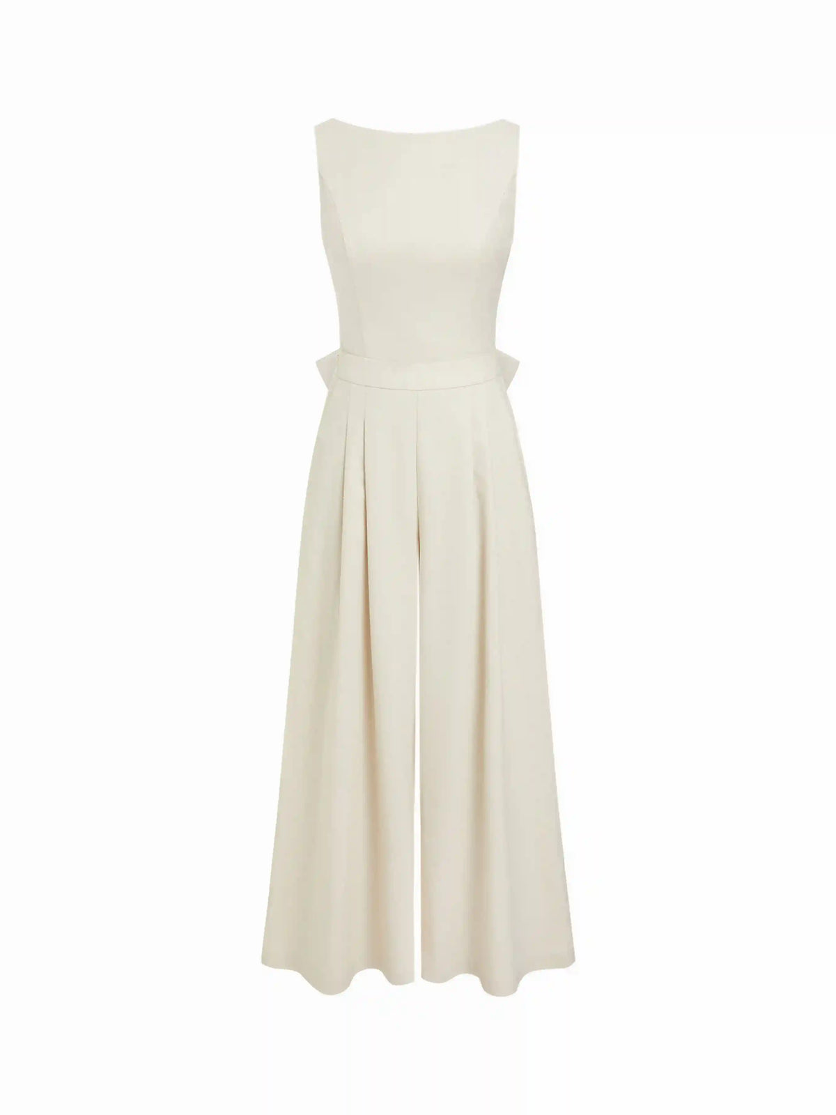 Linen-blend Boat Neck Backless Pleated Oversized Wide Leg Jumpsuit
