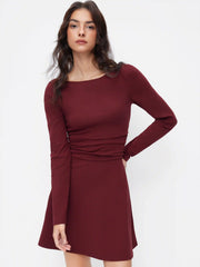 Cotton-blend Boat Neck Long Sleeve Ruched Flared Mini Dress