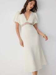 Satin V-neck Puff Sleeve Lace Panel Mid Rise Mermaid Maxi Dress