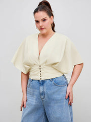 Cotton-blend V-neck Solid Ruched Button Top Curve & Plus