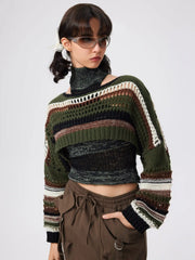 U-neckline Stripe Hollow Out Knitted Long Sleeve Crop Shrug
