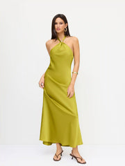 Satin Halter Neckline Metal Detail Backless Maxi Dress