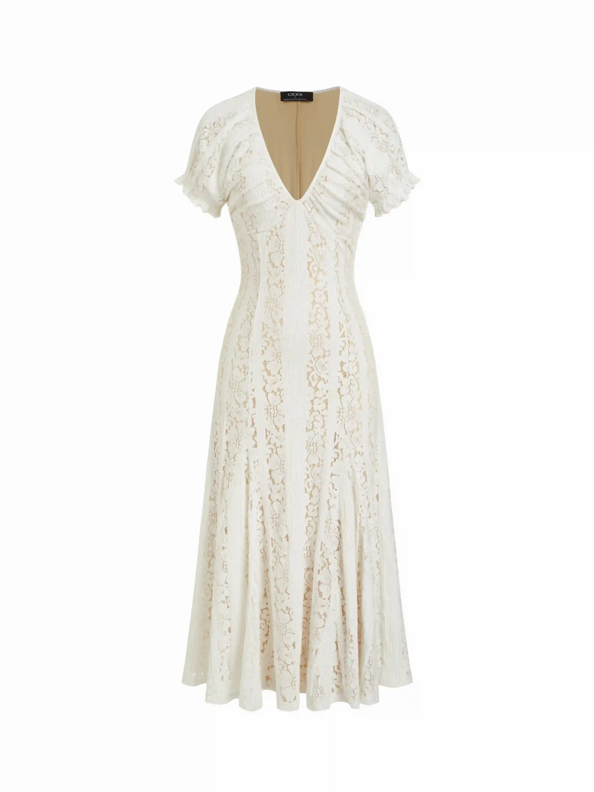 Lace V-neck Ruffle Sleeve Ruched Flared Maxi Dress