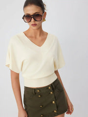 Knit Wool-blend V-neck Batwing Sleeve Short Sleeve Top