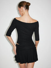 Cotton- blend Off-shoulder Metal Detail Top & Low Rise Ruched Mini Skirt  Set