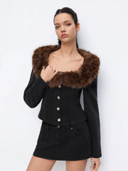 Stretch Denim Faux Fur Trim Scoop Neckline Long Sleeve Jacket