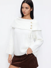 Knit Off-shoulder Asymmetrical Bowknot Long Sleeve Oversized Top