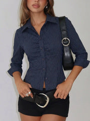 Long Sleeve Striped Ruched Front Drawstring Shirt