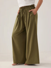 Low Rise Drawstring Elastic Waist Wide Leg Trousers
