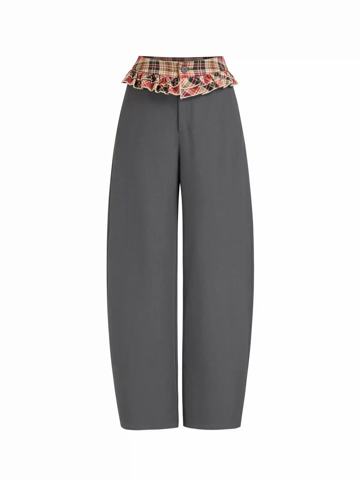 Mid Rise Tartan Ruffled Barrel-leg Trousers