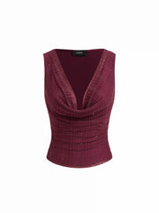 Cowl Neck Ruched Tank Top With Rhinestone
