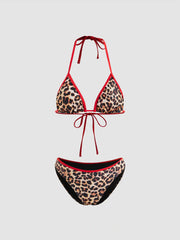 V-neck Leopard Contrasting Binding Knotted Halter Bikini Set