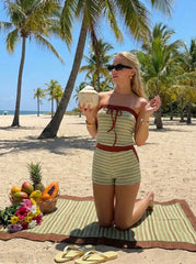 Cotton-blend Stripe Knotted Contrasting Binding Bandeau Romper