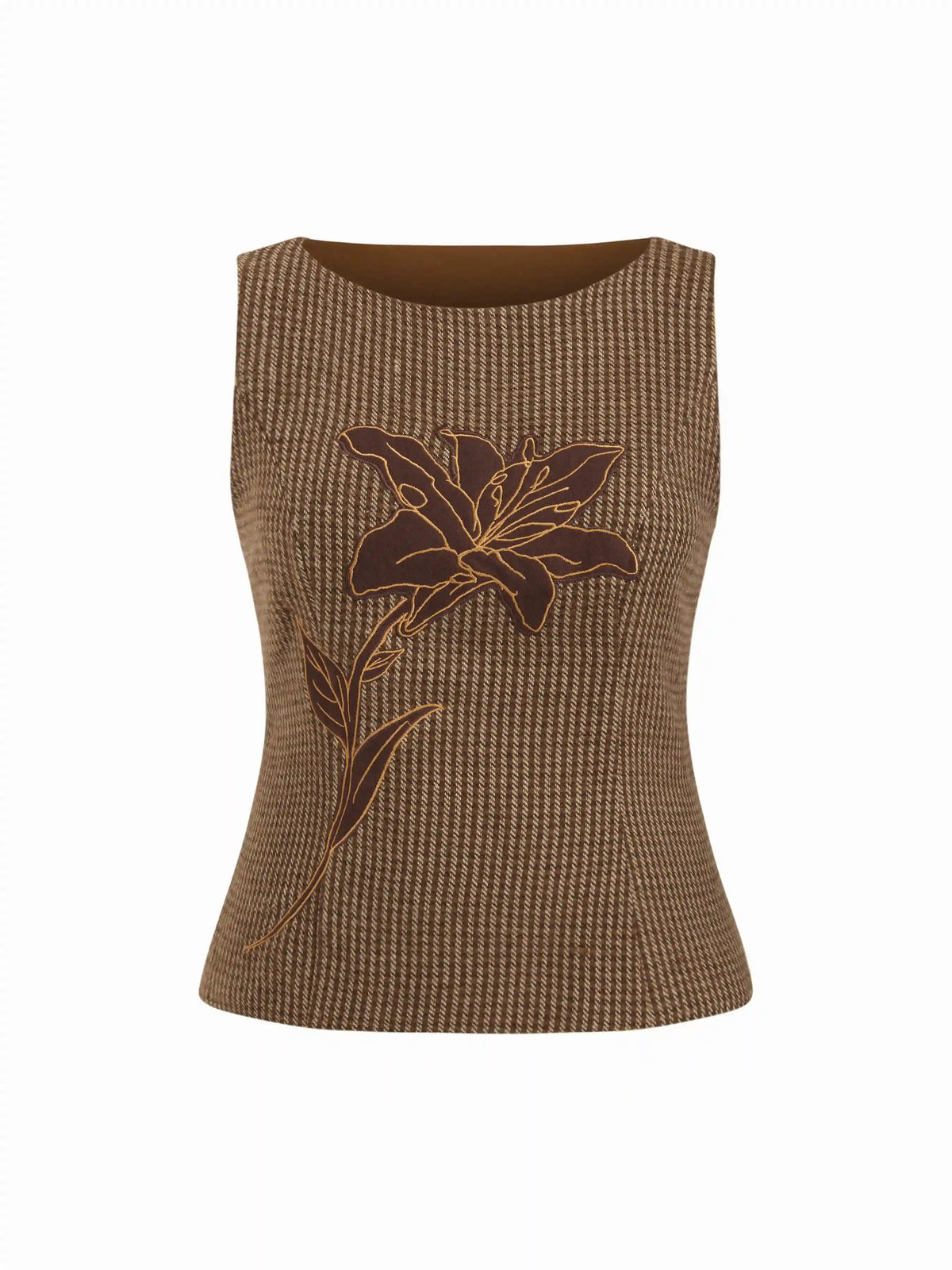 Tweed Floral Applique Check Boat Neck Top Curve & Plus