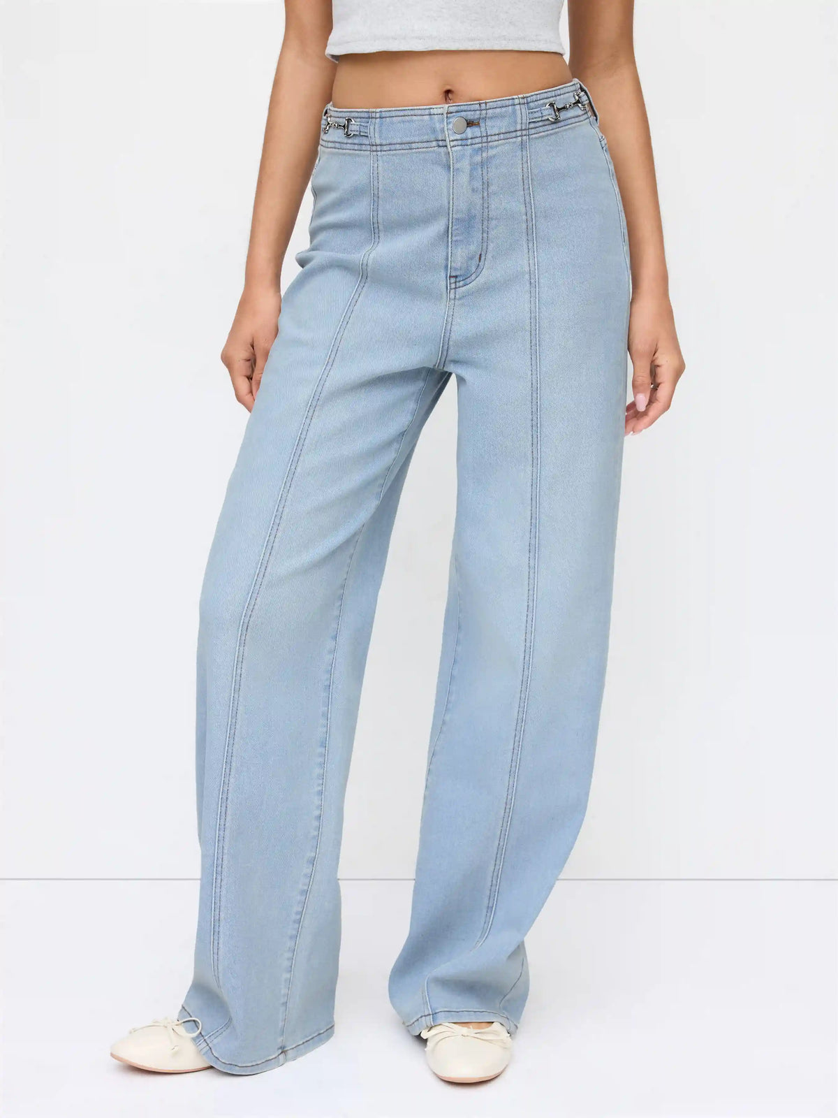 Denim High Rise Wide Leg Metal Detail Jeans