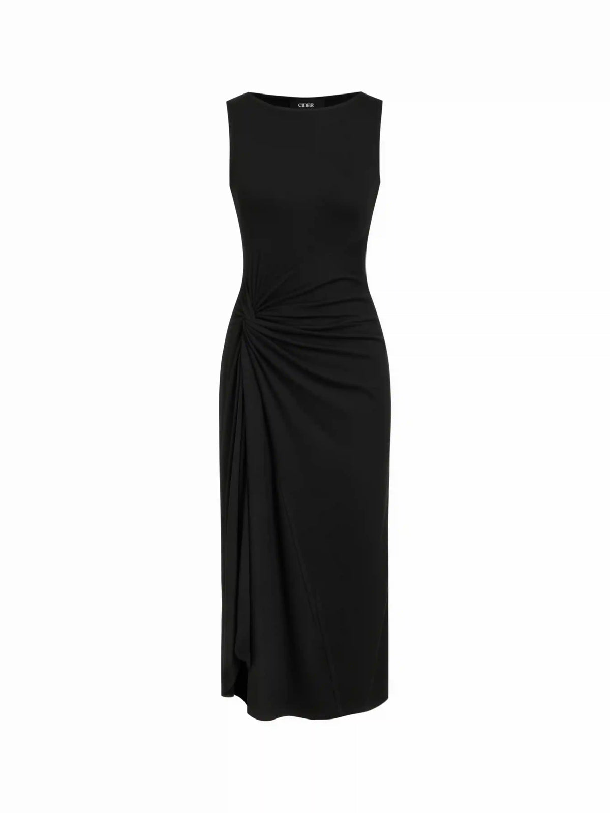 Boat Neck Side Twist Draped Mandarin Midi Dress