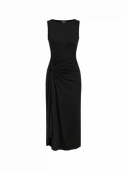 Boat Neck Side Twist Draped Mandarin Midi Dress
