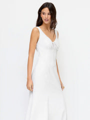 Linen-blend Sweetheart Lace Trim Tie Front Mermaid Maxi Dress